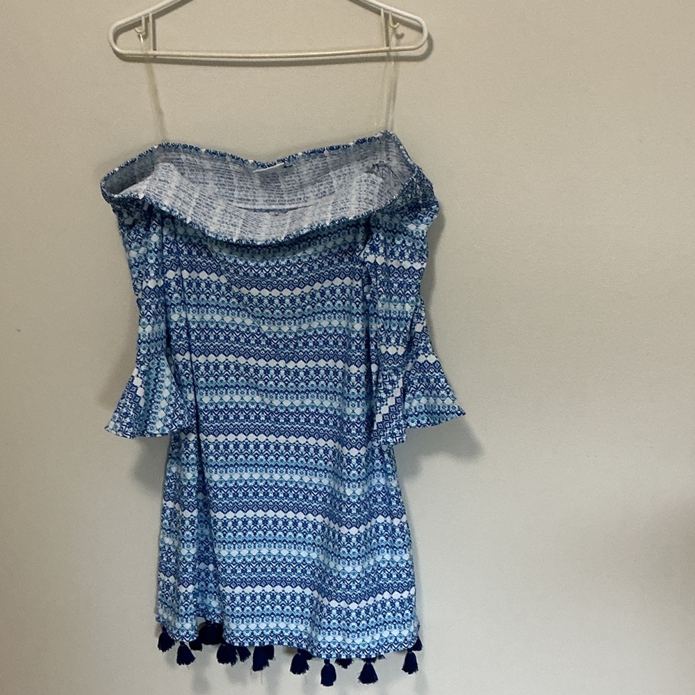 Blue Patterned Off-Shoulder Tassel Dress
